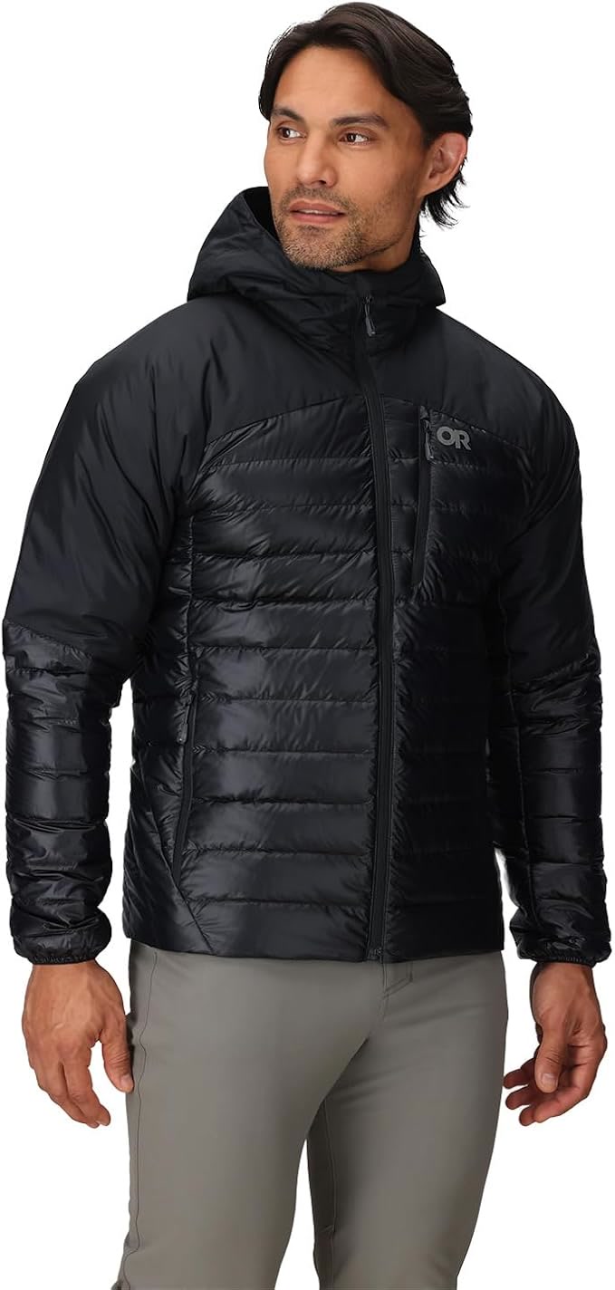Outdoor Research Helium Down Hoodie with 800-fill down and Pertex Quantum shell for ultralight backpacking