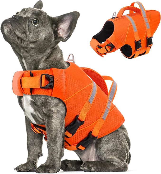 Ripstop reflective dog life jacket in bright orange for medium dogs swimming boating and kayaking