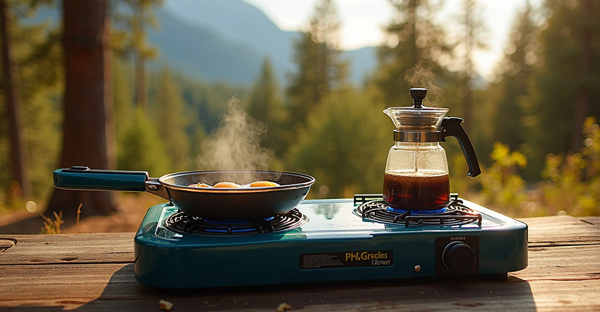 Two-burner camping stove on a picnic table at a forest campsite with mountains in background
