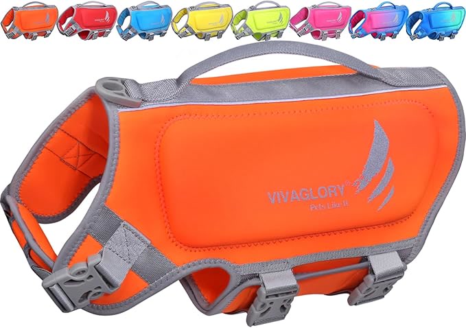 VIVAGLORY high buoyancy dog life vest in orange with chin flotation and reinforced handle for boating