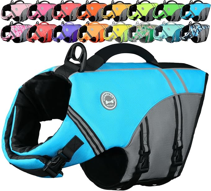 VIVAGLORY sports style dog life vest in blue with neoprene lining and leash ring for swimming and boating