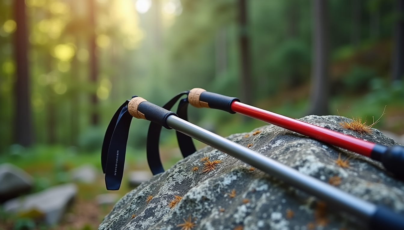 Close-up of adjustable trekking pole grips and flip locks in natural light