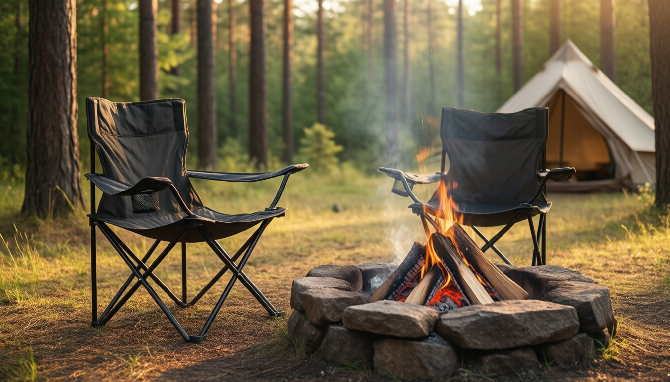 Two folding camping chairs set up beside a campfire ring at a forest campsite in late afternoon light