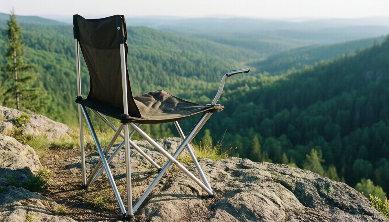 Compact ultralight folding camp chair set up on a rocky alpine ridge above a valley