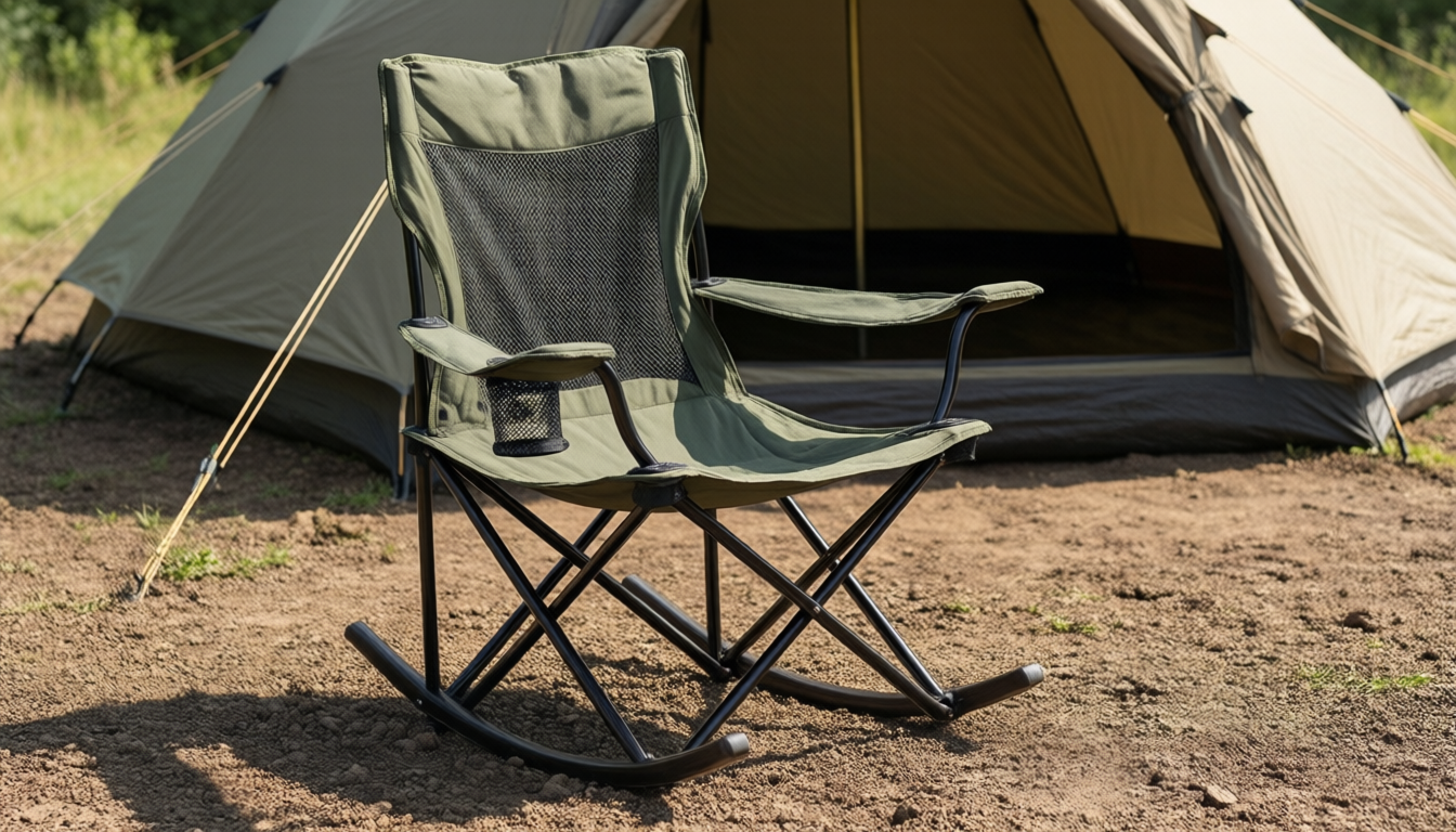 Padded folding rocking camp chair with mesh back resting on packed dirt near a tent