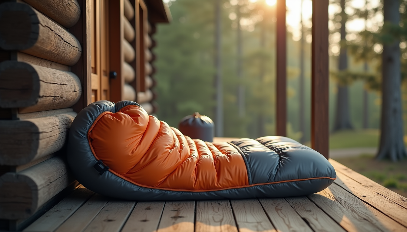 Rolled rectangular sleeping bag in a stuff sack on a wooden porch