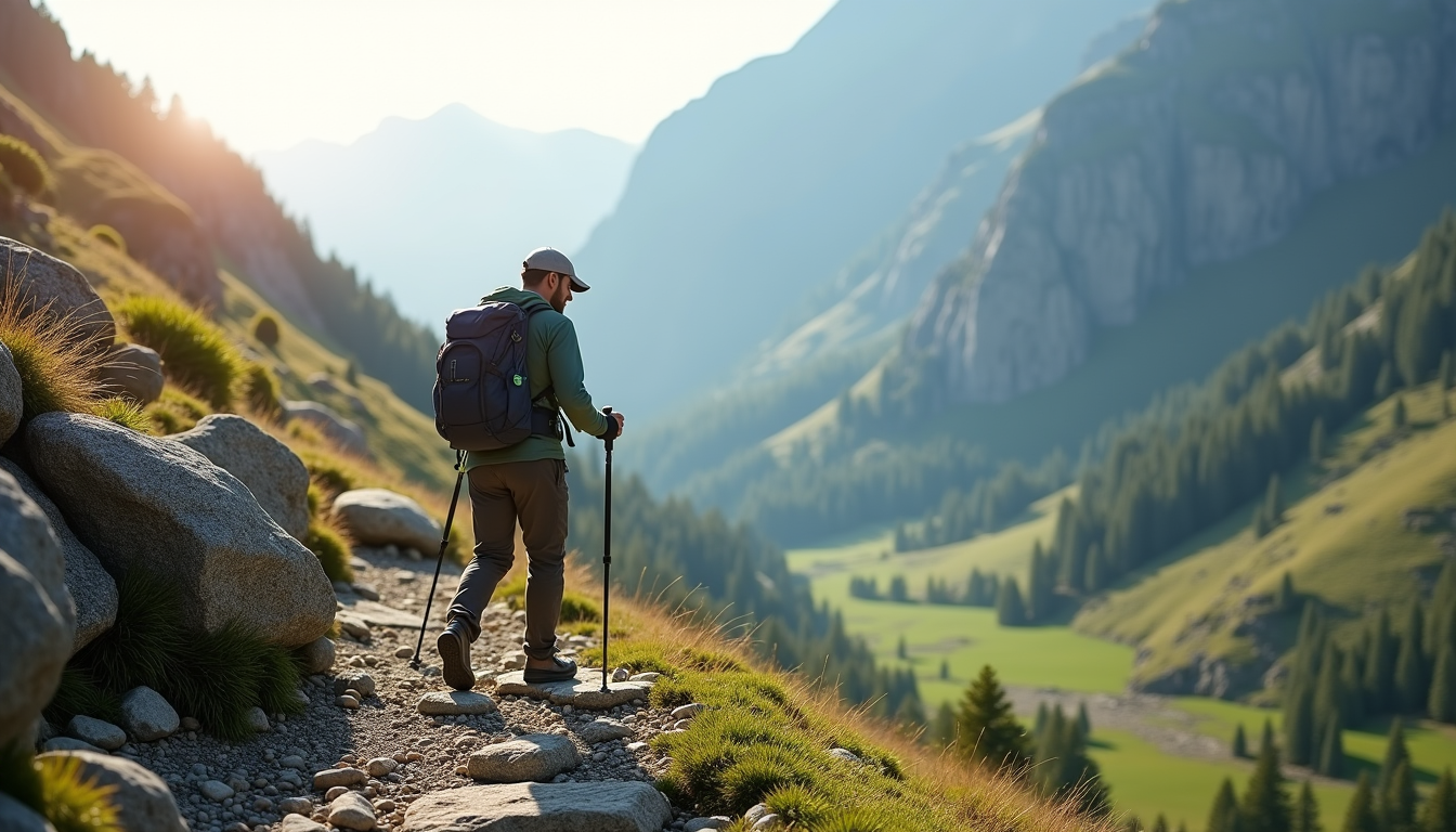 Hiker using trekking poles on a rocky mountain trail in bright daylight