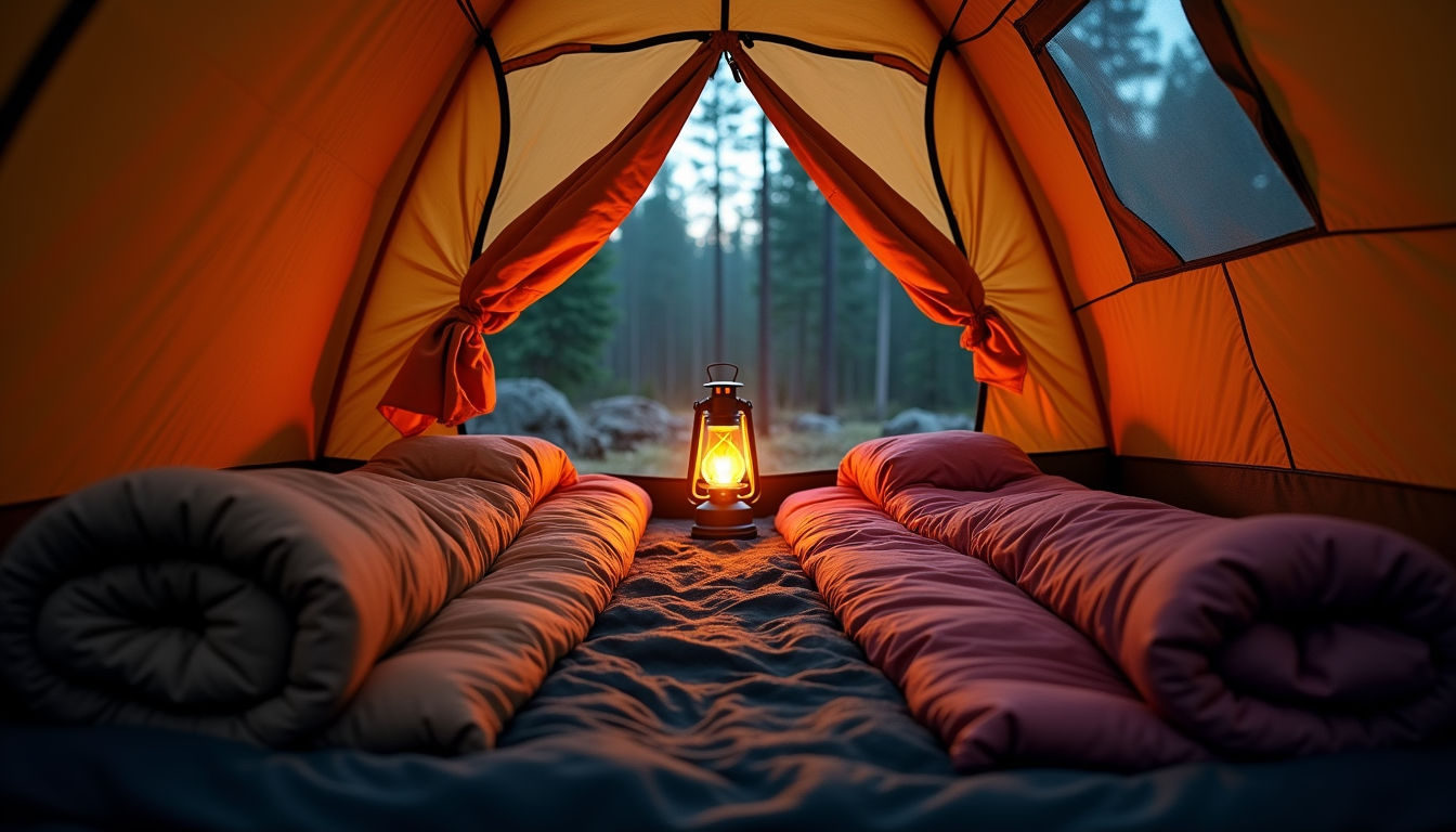 Two sleeping bags laid out inside a tent at dusk with a lantern glowing