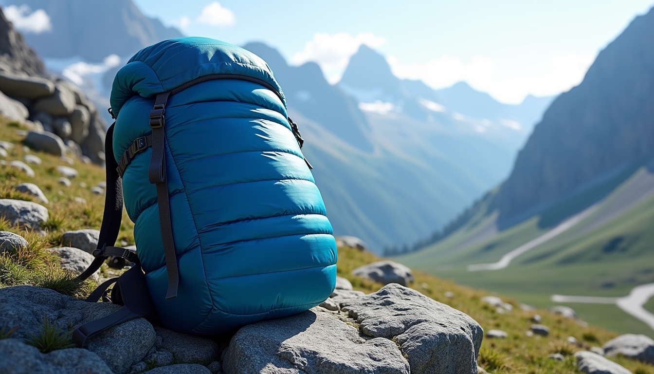 Rolled blue mummy sleeping bag cinched with straps on a mountain ledge