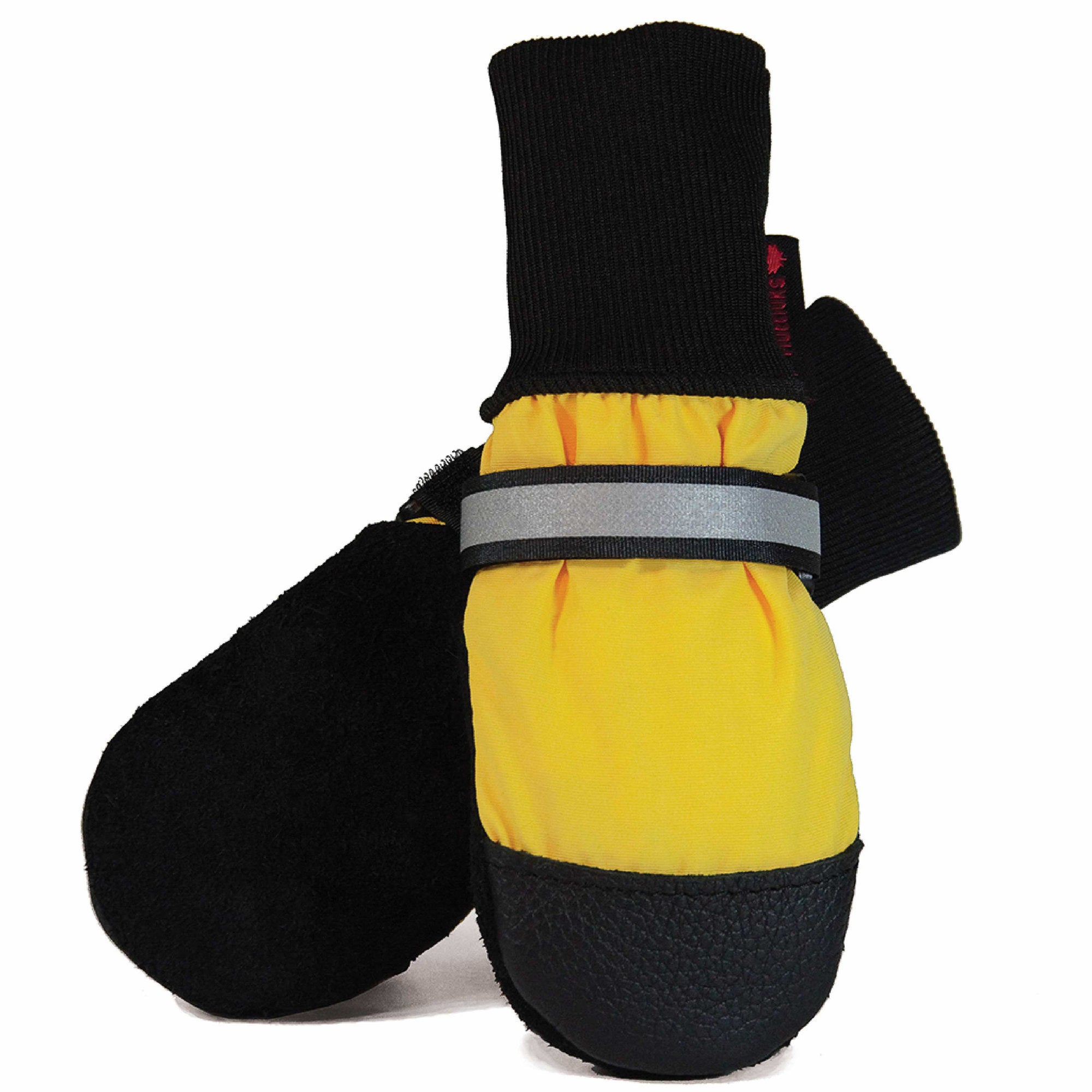 Muttluks Original All-Weather boots — leather sole, reflective strap, sock cuff.