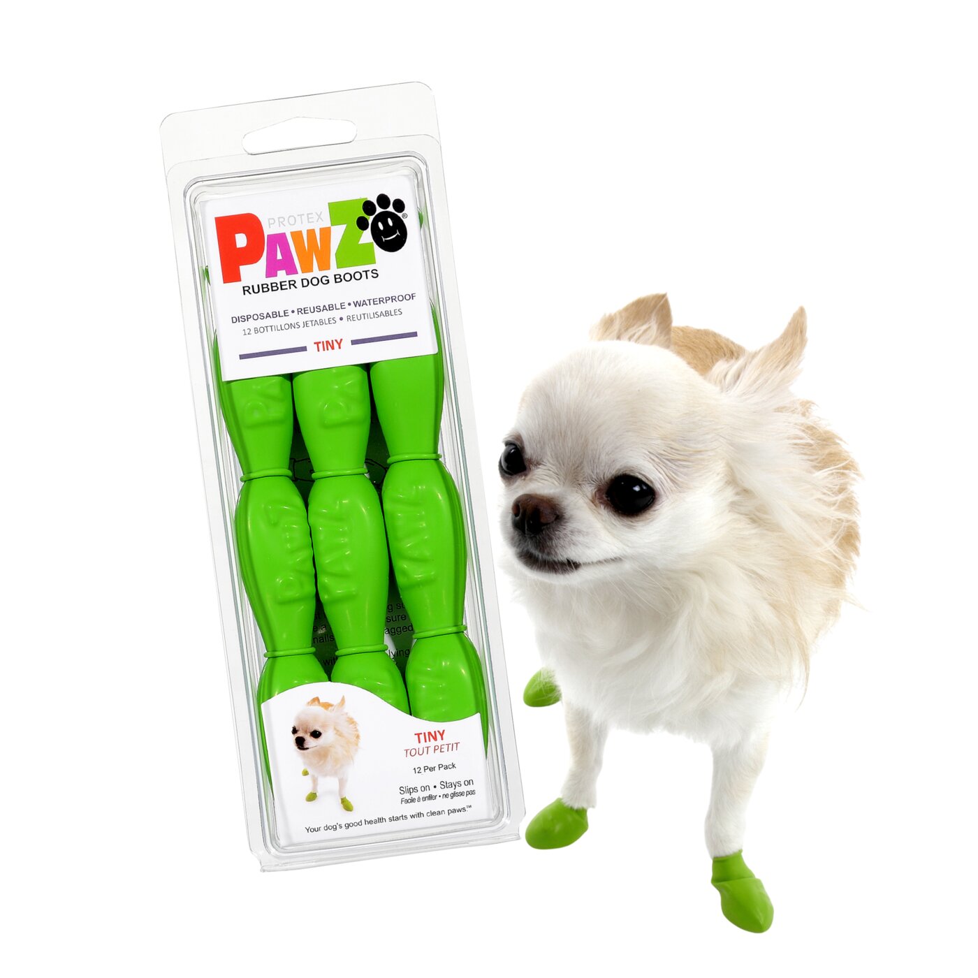 PawZ rubber boots — 12-pack, disposable/reusable, worn right over the paw like a glove.