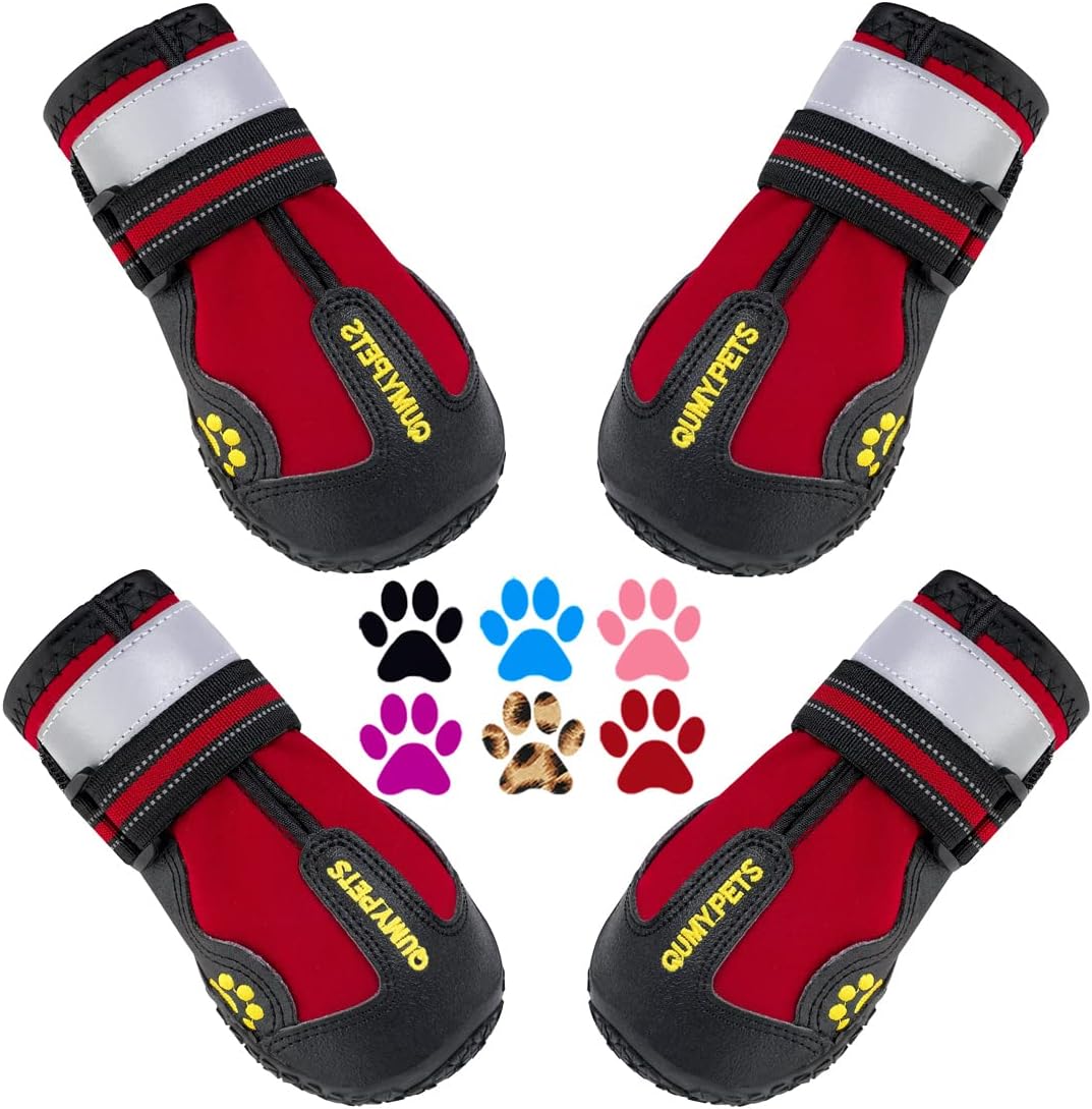QUMY dog snow boots — reflective straps and split-seam opening, about $30 a set.